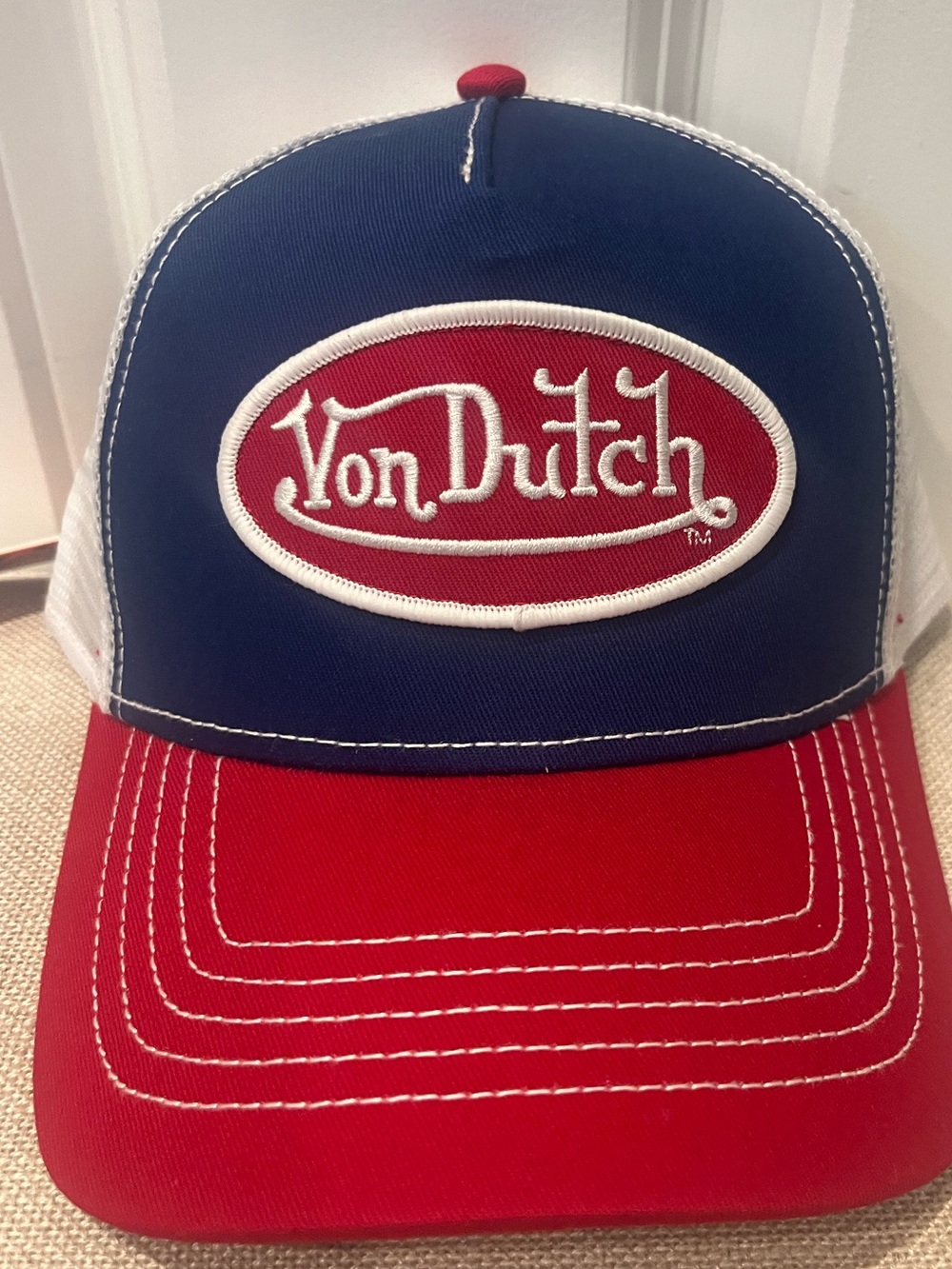 NWT Von Dutch Men's Navy, Red & White Mesh Logo Trucker Hat